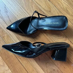 Marc Fisher Size 7.5 LAKEY Block Heel Black Patent Leather Pointed Toe Slip On